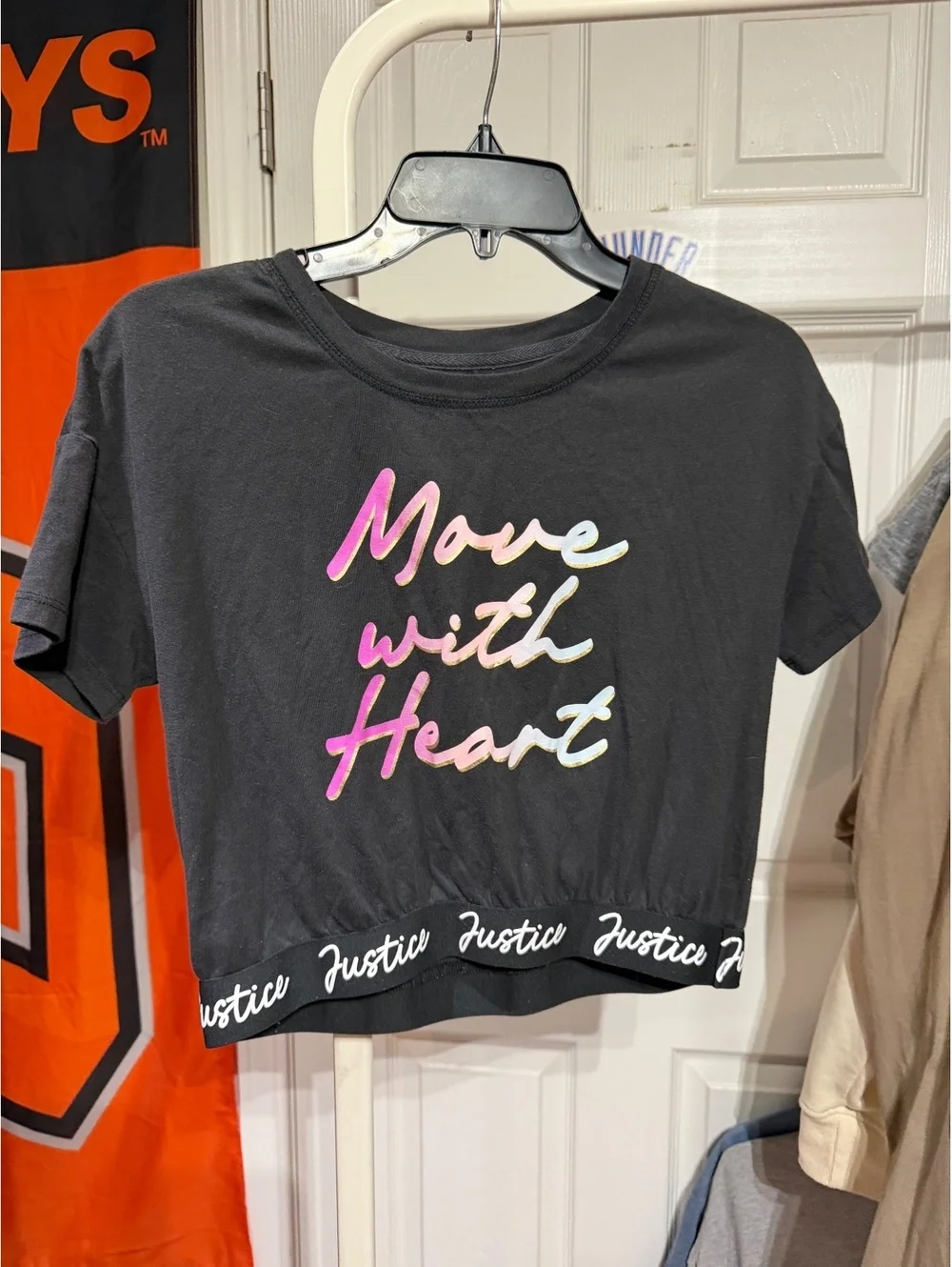 Justice Girls' Black Crop Top T-Shirt Size L (12/14) with 'Move with Heart' Mult